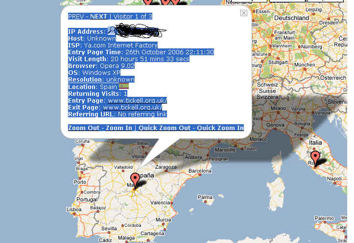 Details of one visitor to Adam Tickell's website
